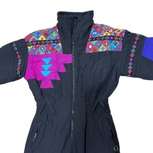 Tyrolia Black Patchwork Ski Suit Insulated Waterproof Jumpsuit Flight Snowboard